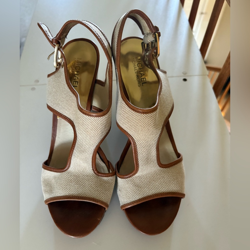 Michael Kors Tan and Brown Cutout Wedge Sandals
